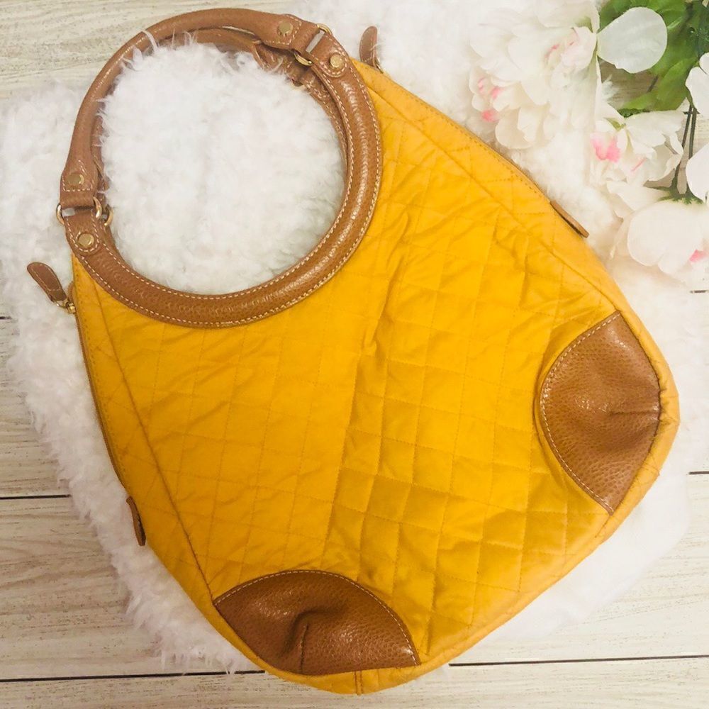 J McLaughlin mustard quilted Fabric / leather bag
